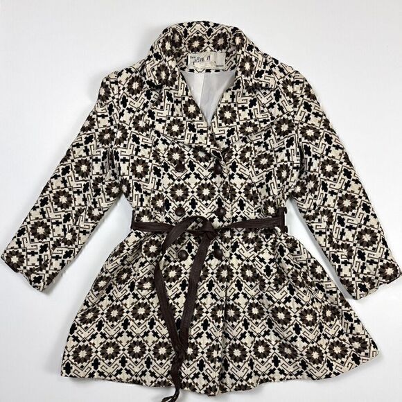 Vintage Rare 60s Lilli Ann Geometric Tapestry Leather Trim Swing Coat, Sz S - Picture 8 of 16